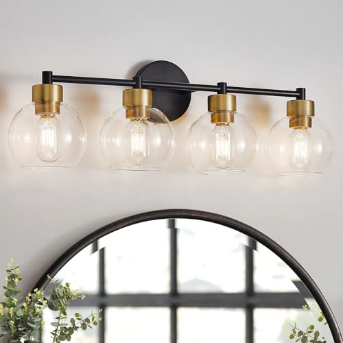 Bathroom Light Fixtures, 4 Lights Bathroom Vanity Light Brushed Nickel Round Finish, Bathroom Vanity Lights with Clear Globe Glass Shades, Wall Sconce for Mirror, Bedroom, Living Room, Kitchen