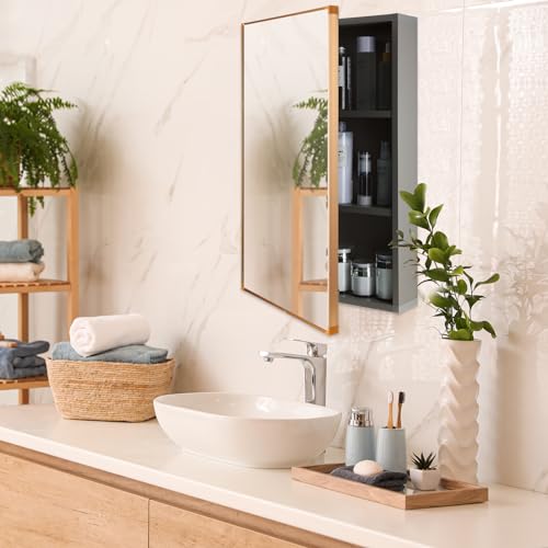 Medicine Cabinets with Mirror Bathroom Mirror Medicine Cabinet Wall Mounted Framed Recessed Bathroom Medicine Cabinet with Mirror 16 x 24 inch Mirror Cabinet Size (Light Grey,1 Pack)