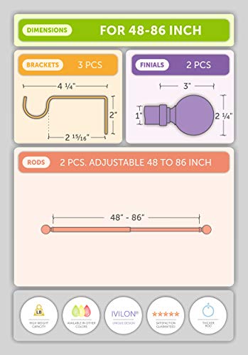Ivilon Drapery Treatment Window Curtain Rod - Acrylic Ball 1 inch Pole. 16 to 28 Inch (Side Curtain Rod) Satin Nickel