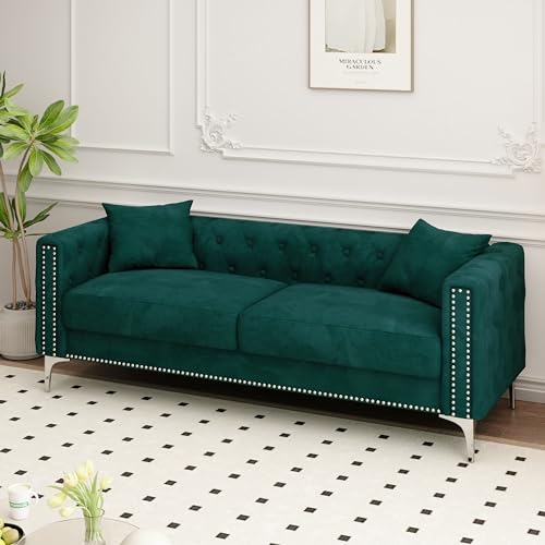 FANYE Velvet Upholstered 2 Pillows,Modern 3 Seaters Sofa Couch with Nailhead Decor and Metal Legs for Living Room, 83