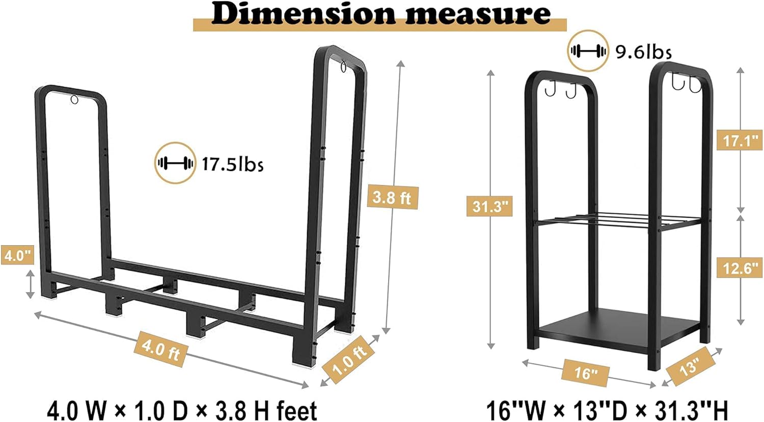 Artibear 4ft Outdoor Firewood Rack With Indoor Small Wood Storage Holder for Fireplace, Black