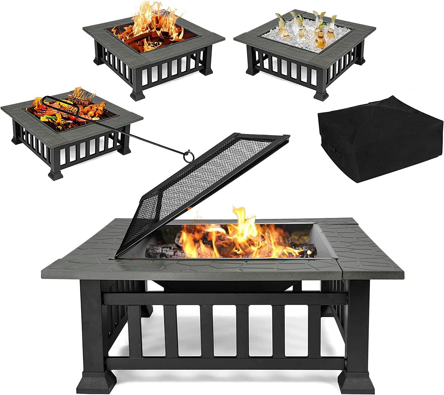 4-in-1 Fire Pit Table for Outside, 32'' Fire Pit Grill Outdoor Wood Burning with Fire Poker,Lid&Rain Cover,Square Bonfire Pits Stove for Camping Patio BBQ Balcony Beach Backyard Heating