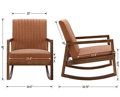 CIMOTA Leather Modern Rocking Chair Mid Century Armchair Upholstered Arm Chair with Padded Seat/Wood Frame, Comfy Rocker for Living Room/Bedroom, Retro Dark Brown PU