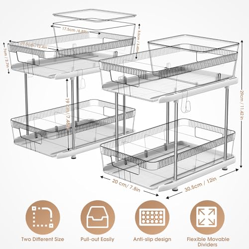 NIHEHAG 2 Tier Clear Under the Sink Organizer-Slide-Out Bathroom Cabinet Organizer With Hook/Cup/Dividers Acrylic Under Bathroom Sink Organizer and Storage for Medicine, Kitchen, Pantry, Cabinet