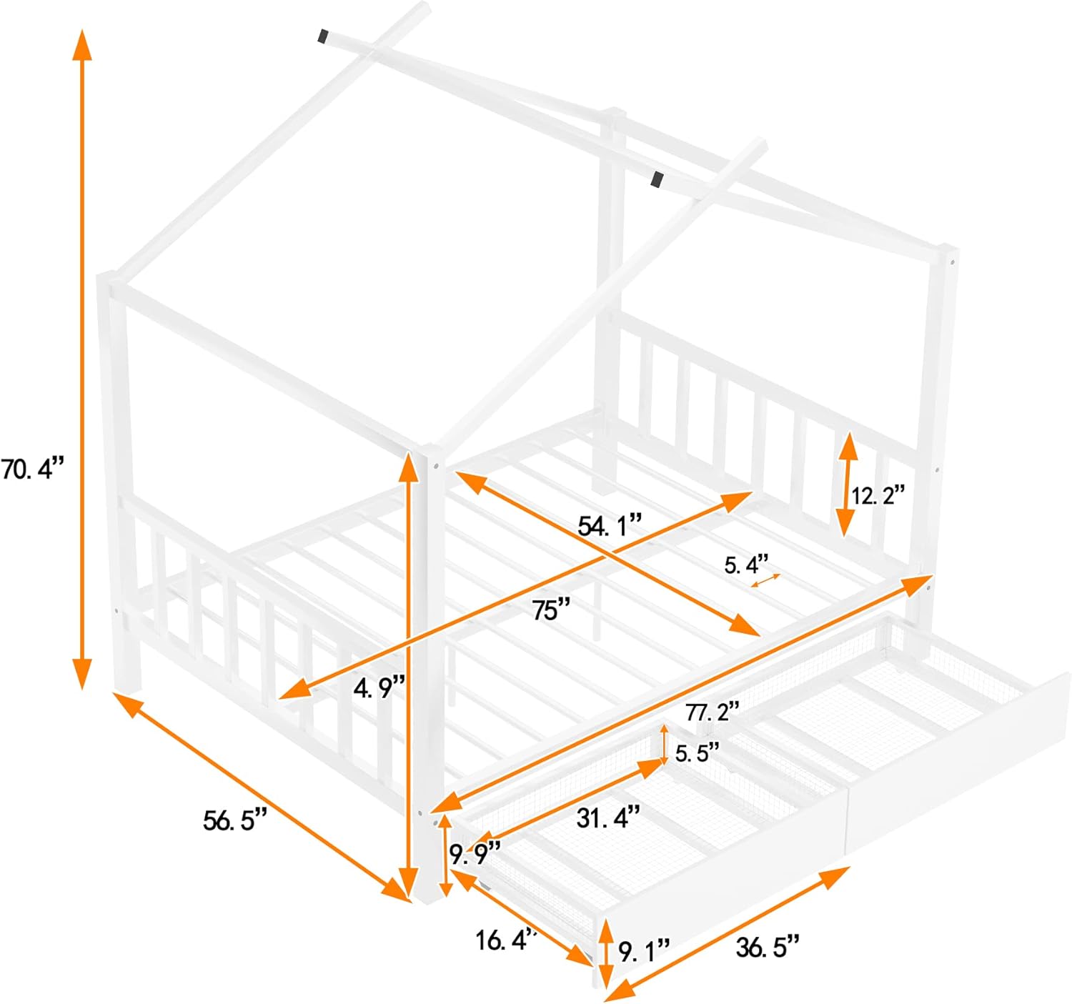 Bellemave Full Size House Bed for Kids,Metal Platform Bed with 2 Storage Drawers,Montessori Bed with Roof Design for Boys,Girls(White)