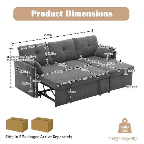 81'' L Shaped Convertible Sleeper Sectional Sofa with Storage Chaise, Modular Corner Couch Lounge Sleeper Sofa with Pull Out Bed, Comfy Couches for Living Room, Bedroom, Brown