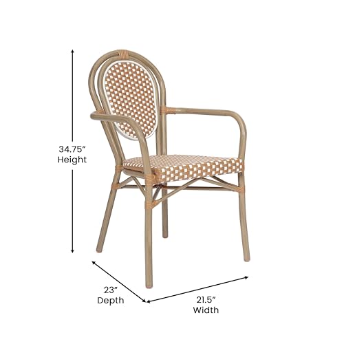 Merrick Lane Celia Indoor/Outdoor French Bistro Stack Chair - Natural & White PE Rattan Seat - Light Natural Bamboo Finished Metal Frame