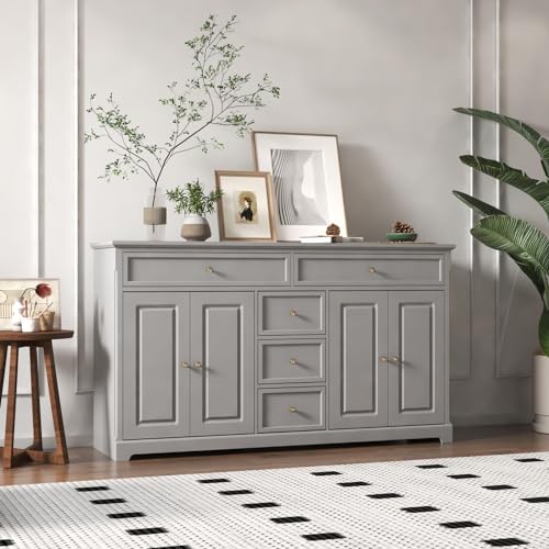 FAMAPY Sideboard Credenza with 5 Drawers, Sideboard Buffet Cabinet with 4 Doors, White Buffet Cabinet with Gold Knobs, Home Bar Cabinet, for Living Room Kitchen Hallway, 15.7”D x 59.1”W x 33.5”H