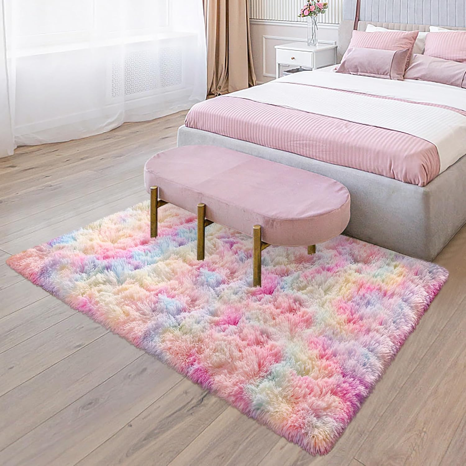 3x5+2x6Ft Rainbow Area Rugs for Girls Room, Fluffy Colorful Rugs Cute Floor Carpets Shaggy Playing Mat for Kids Baby Girls Bedroom Nursery Home Decor Tie-Dyed Rainbow Rugs