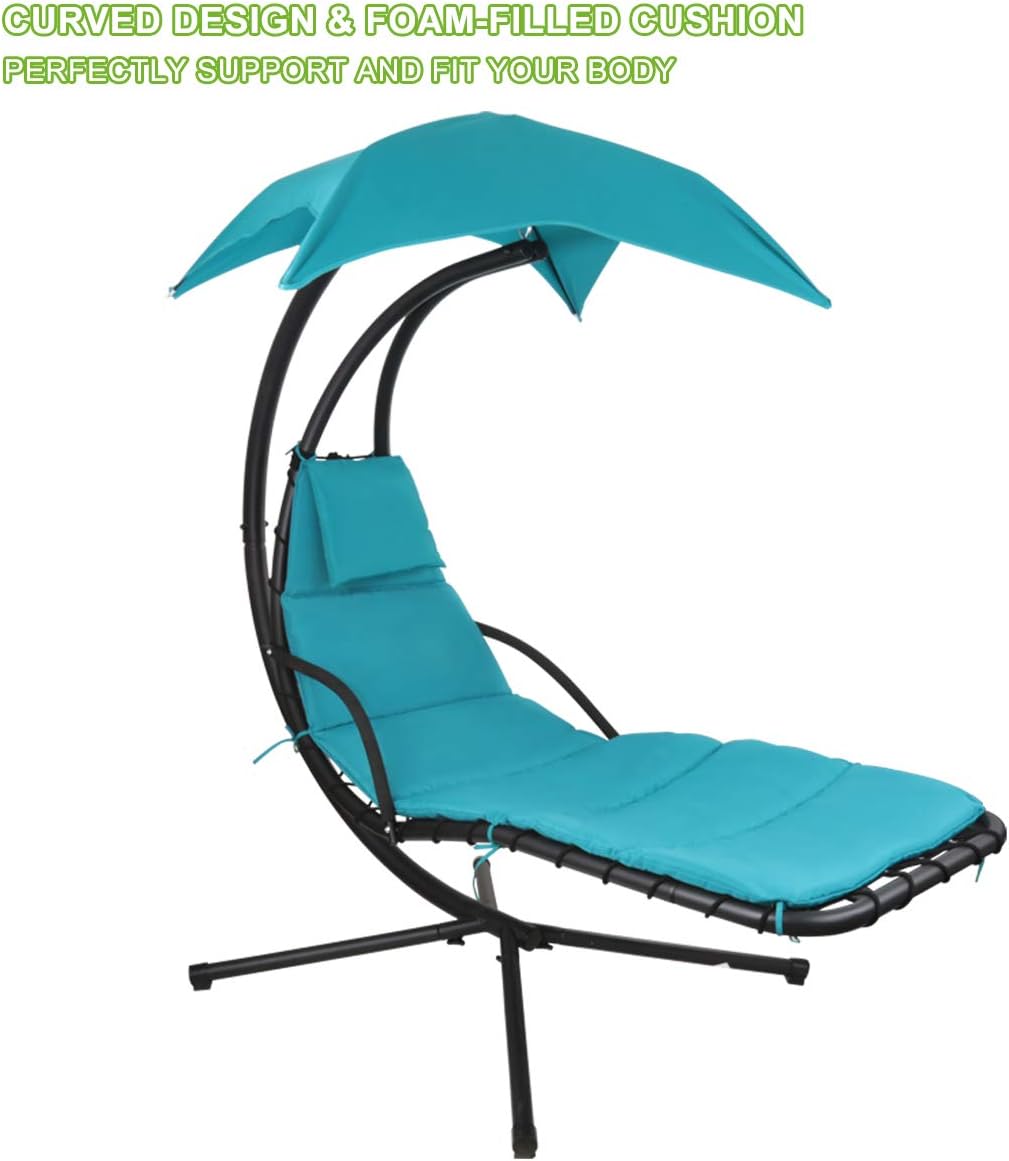 2X Patio Hanging Chaise Outdoor Lounger Padded Cushion Swing Hammock Chair w/Sun Shade Canopy Umbrella Stand [Blue]