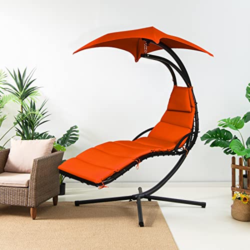 Tangkula Hanging Chaise Lounge, Arc Stand Floating Hammock Swing Chair w/Canopy and Built-in Pillow, Curved Steel Patio Lounge Chair, Freestanding Hammock Chair with Stand for Patio Backyard Garden