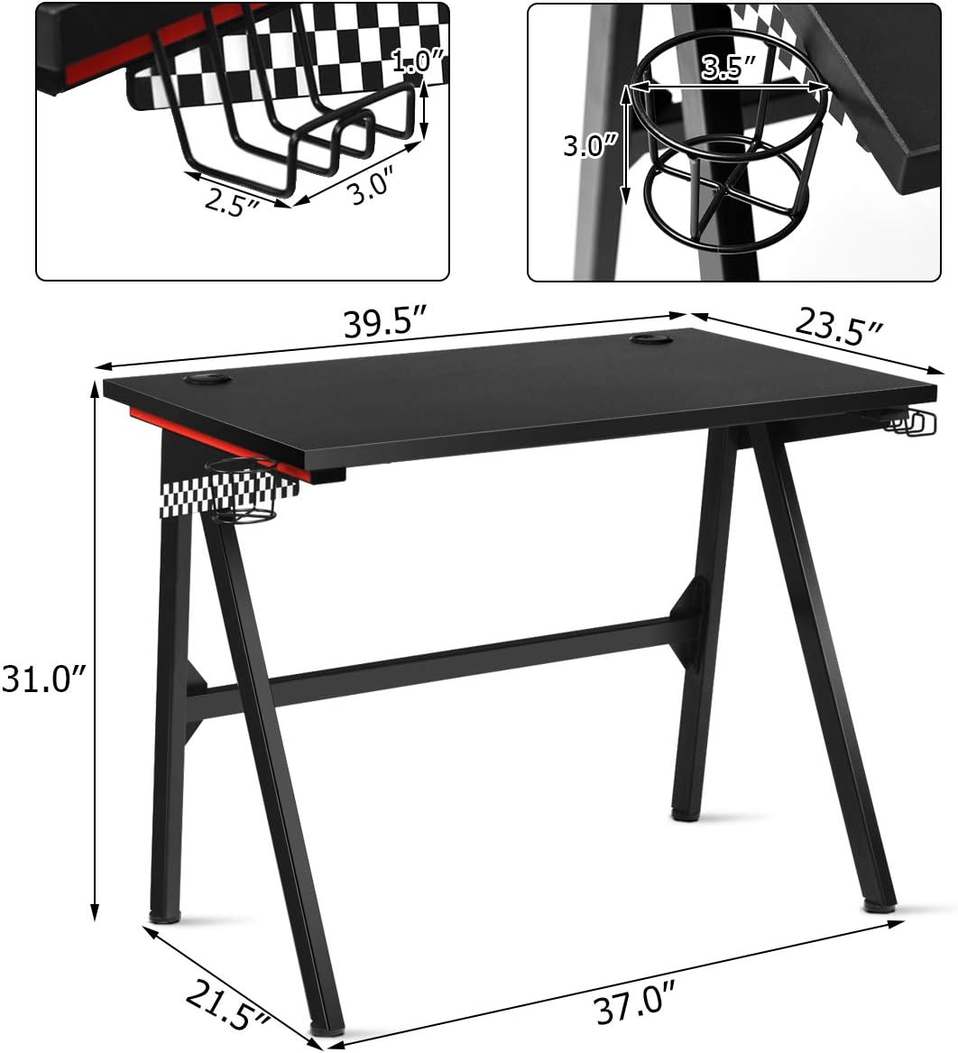 POWERSTONE Gaming Desk 40 inch PC Computer Desk Ergonomic Racing Gaming Table Gamer Workstation with Cup Holder Headphone Hook & 2 Cable Management Holes