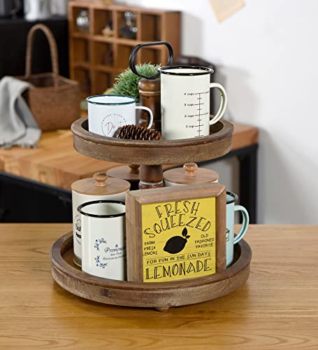 Funly mee Distressed Rustic White Wood Two-Tier Tray with Metal Handle,Decorative Organizer Tray for Kitchen Counter Top or Dining Room Table(White)