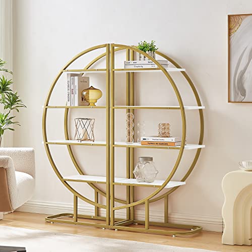 Tmosi 4 Tier Open Bookshelf, Modern Round Tall Bookcase Shelf Storage, Book Shelf with Metal Frame for Bedroom Home Office, Different Placement Ways (Golden+White)