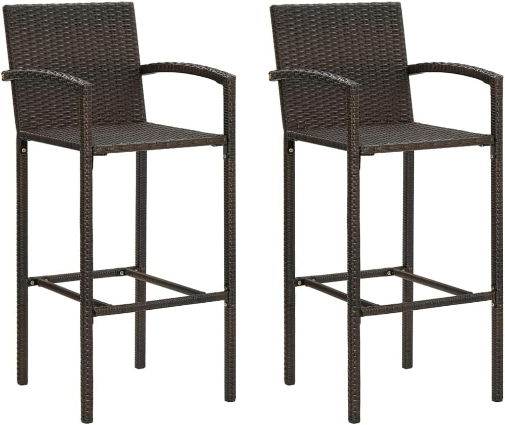 vidaXL Poly Rattan Bar Stools - Set of 2, Powder-coated Steel Frame, Brown, Weather-Resistant, Lightweight, Comfortable Seating with Armrests and Footrest