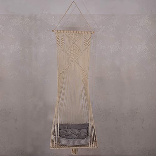 Cat Bed Cat Hammock Macrame Cat Swing Bed Cat Cage Cotton Rope Hanging Cat House Cats Toy Tassel Basket Tapestry (white)