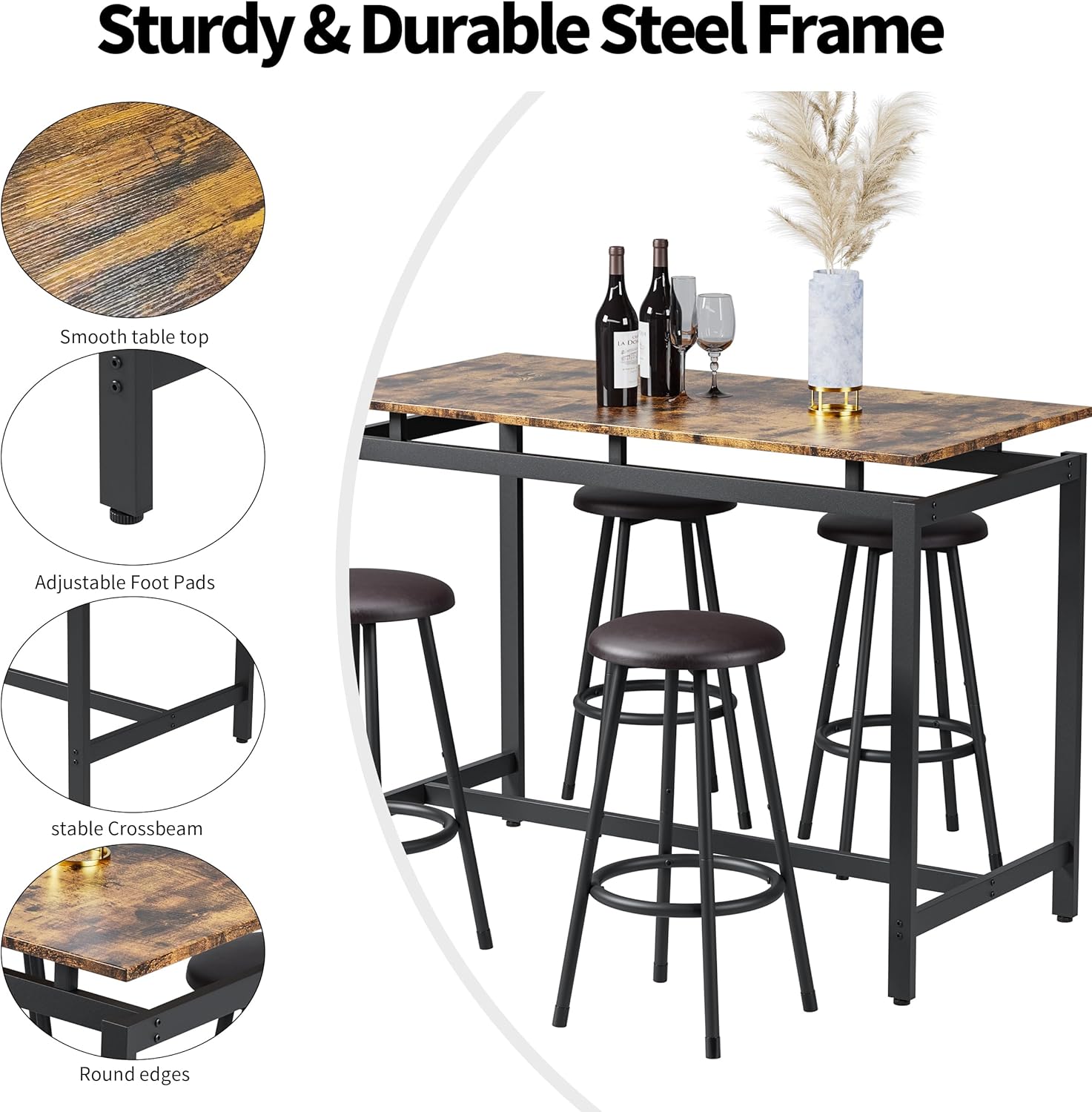 Bar Table and 4 Chairs Set Industrial Counter Height Pub Table with Bar 5 Pieces Dining Set Home Kitchen Breakfast, PU Upholstered Stools with Backrest, Rustic Brown