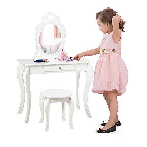 INFANS 2 in 1 Wooden Kids Princess Vanity Table & Chair Set, Child Pretend Play Makeup Table with Detachable Real Mirror, Large Drawer, Pretend Beauty Make Up Dressing Play Set for Girl