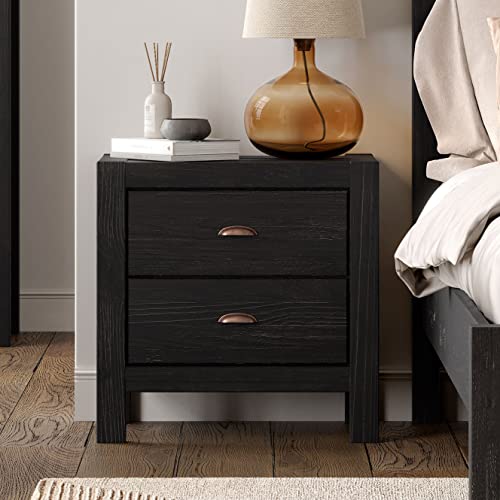 Montauk 2-Drawer Bedside Nightstand, Solid Wood with Rustic Off-White Finish