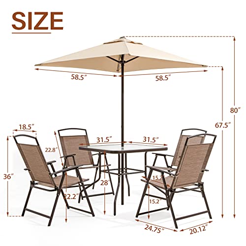 Pellebant 6PCS Patio Dining Set with Square Glass Table, 4 Folding Chairs and Patio Umbrella for Garden, Pool, Backyard, Outdoor, Indoor, Park, Patio, Poolside, Brown