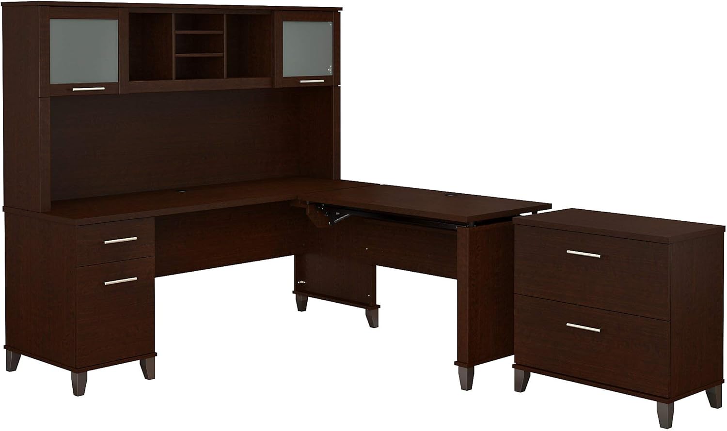 Bush Furniture Somerset 72W 3 Position Sit to Stand L Shaped Desk with Hutch and File Cabinet in Mocha Cherry