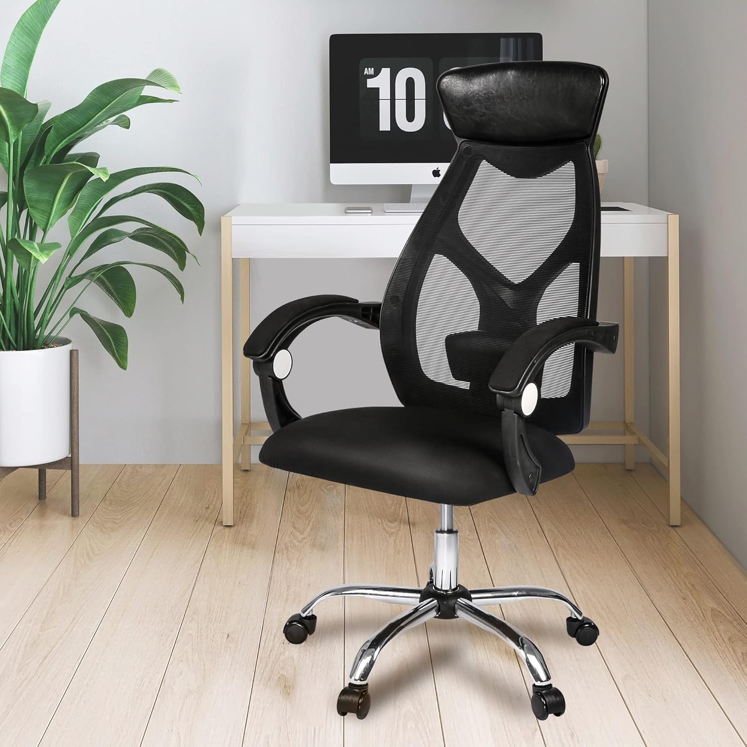 Ergonomic Office Desk Chair, Recliner with Mesh High Back Leather Headrest, Adjustable Lumbar Support Reclining Office Chair, Padded Armrest for Swivel Office Task Computer Chair, Modern Black