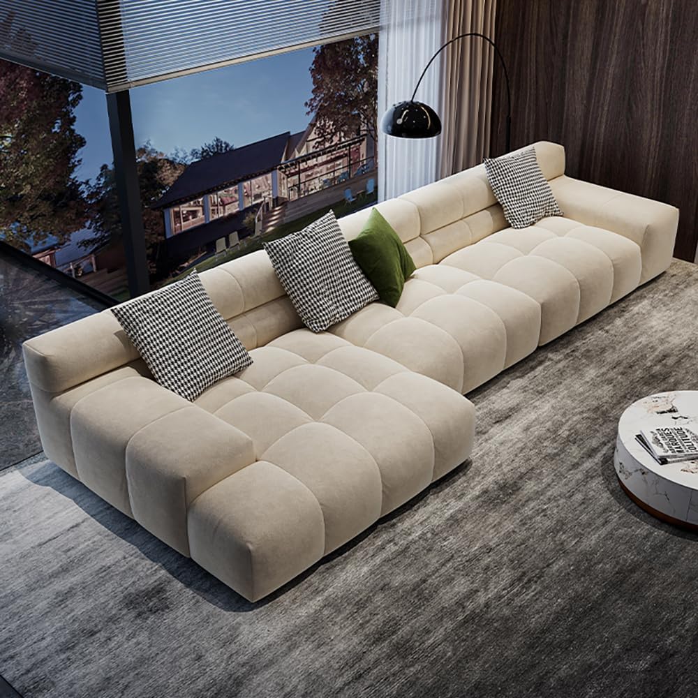 Living Room Sectional Sofa with Chaise Lounge, Ottoman, Beige