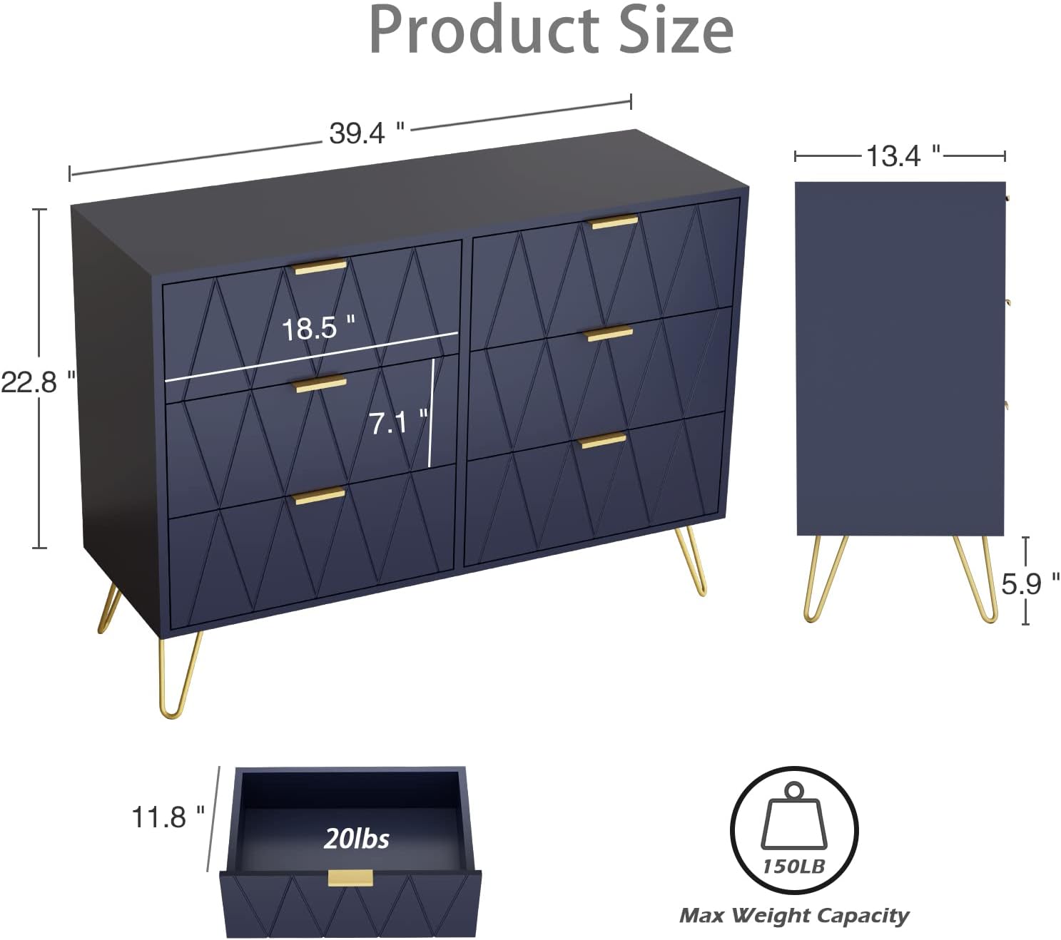 Anbuy Navy Blue 6 Drawer Dresser for Bedroom, Large Double Dresser with Wide Drawers and Gold Handles, Chest of Drawers