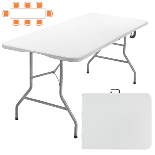 SKOK 330lbs Folding Picnic Table 8 Foot, 8FT Long Plastic Picnic Table Portable with Carry Handle, White Tailgating Utility Commercial Craft Table with Heavy Duty Frame for Party & Events