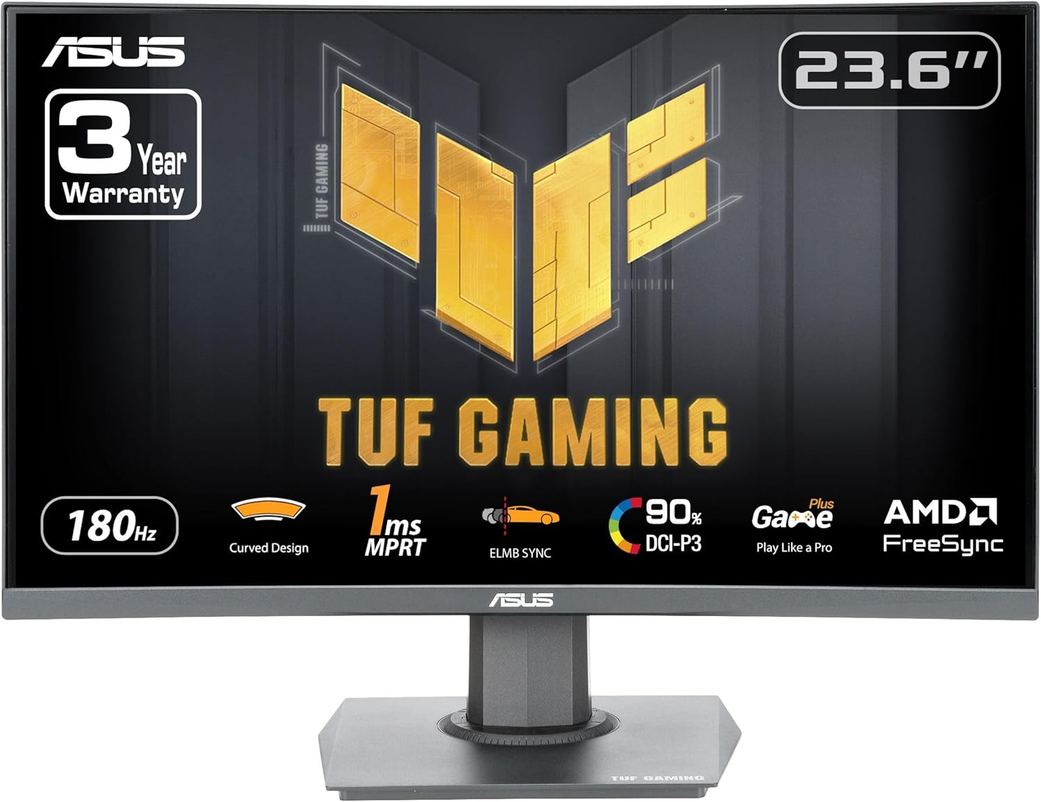 ASUS TUF Gaming 24” (23.6 inch viewable) Curved Monitor (VG24VQER) – FHD, 180Hz, 1ms, DCI-P3 90%, Extreme Low Motion Blur Sync, FreeSync, Shadow Boost, Eye Care, DisplayWidget Center, 3yr warranty