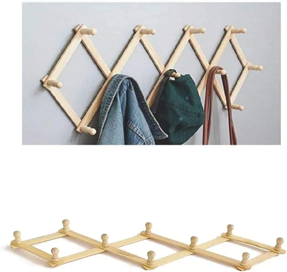 Wooden Wall Hanger Expandable Coat Rack Accordion Design 10 Peg Hooks for Hanging Storage Clothes, Hats,Caps,Scarves,Purses,Mug,Towels,Umbrella,Accessories,Mugs,X Shape