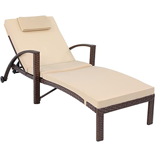 YITAHOME Outdoor Chaise Lounge Chair, PE Rattan Wicker Patio Pool Loungers with 5-Position Adjustable Backrest, Armrests, Cushion, Pillow, and Wheels for Poolside Porch Garden Beach (Brown)