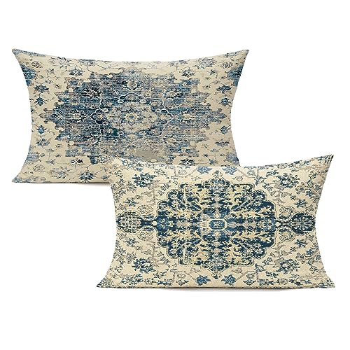 Outdoor Boho 18x18 Set of 2 Blue Throw Pillow Covers Spring Decorative Farmhouse Bohemian Carpet Vintage Gray Cases Home Decor for Living Room Bedroom Bed Cushion Cases