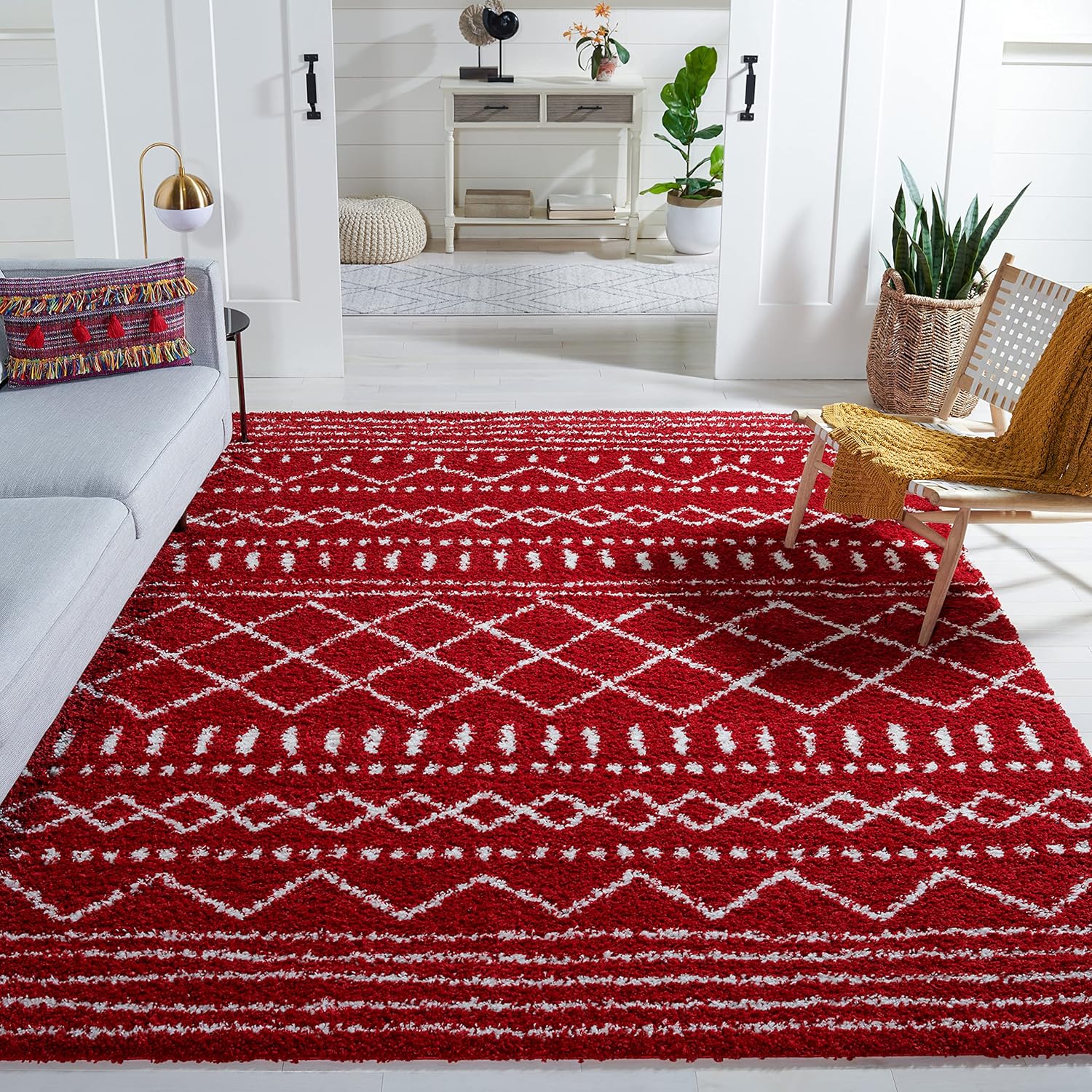 SAFAVIEH Arizona Shag Collection Area Rug - 9' x 12', Red & Ivory, Moroccan Design, Non-Shedding & Easy Care, 1.6-inch Thick Ideal for High Traffic Areas in Living Room, Bedroom (ASG741Q)