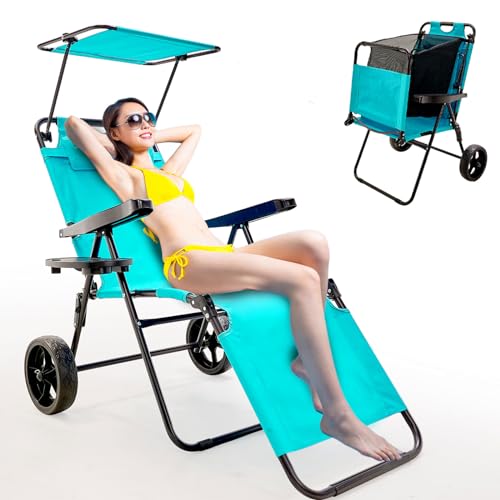 NAIZEA Beach Cart Chair, 2-in-1 Beach Chair Combo Cart Foldable Chaise Lounge Chair Camping Chair with Big Wheels Lounge Wagon for Beach, Backyard, Pool or Camp