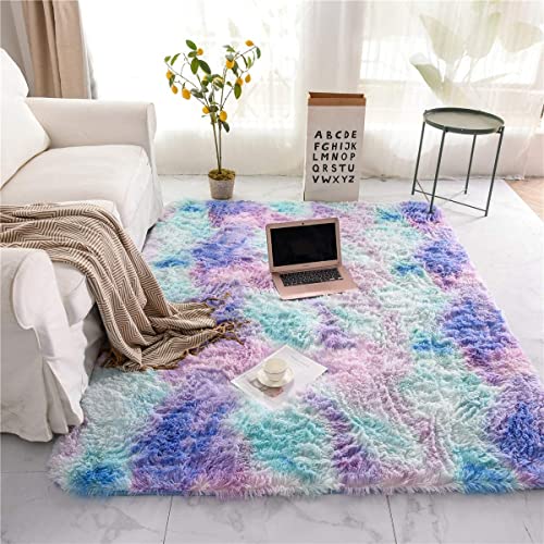 NTBED Soft Shaggy Area Rugs for Boys Girls Bedroom Nursery Dorm Living Room,Tie Dye Fluffy Bedside Rugs Colorful Abstract Indoor Plush Shag Floor Carpets(5x7Feet, Rainbow)