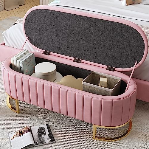 GERRIT Oval Storage Ottoman Bench with Button-Tufted, Velvet Upholstered Storage Bench with Metal Legs, End of Bed Ottoman Bench for Bedroom,Living Room,Fully Assembled Except Legs (Beige)