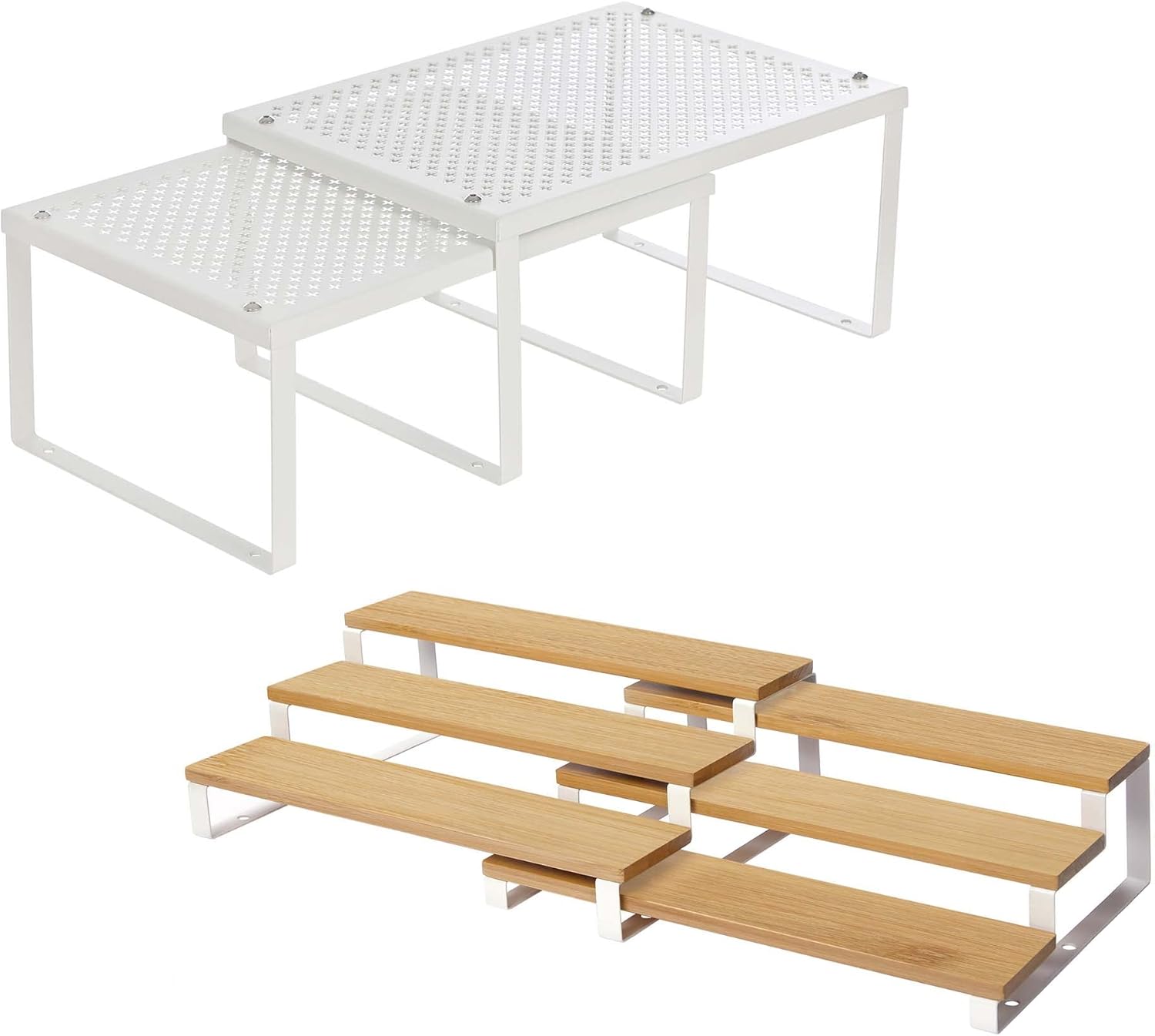 SONGMICS 2-Pack Cabinet Shelves and 3-Tier Spice Rack Bundle, Metal Kitchen Counter Shelves, Extendable Bamboo Spice Holder, for Pantry, Cupboard White and Natural UKCS01WT and UKCS016N02