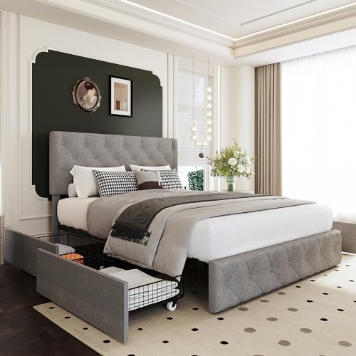 SUNLEI Full Size Bed Frame with 4 Storage Drawee, Platform Bed with Upholstered Button Tufted Headboard, Solid Wood Slats Support, No Box Spring Needed, Easy Assembly, Grey