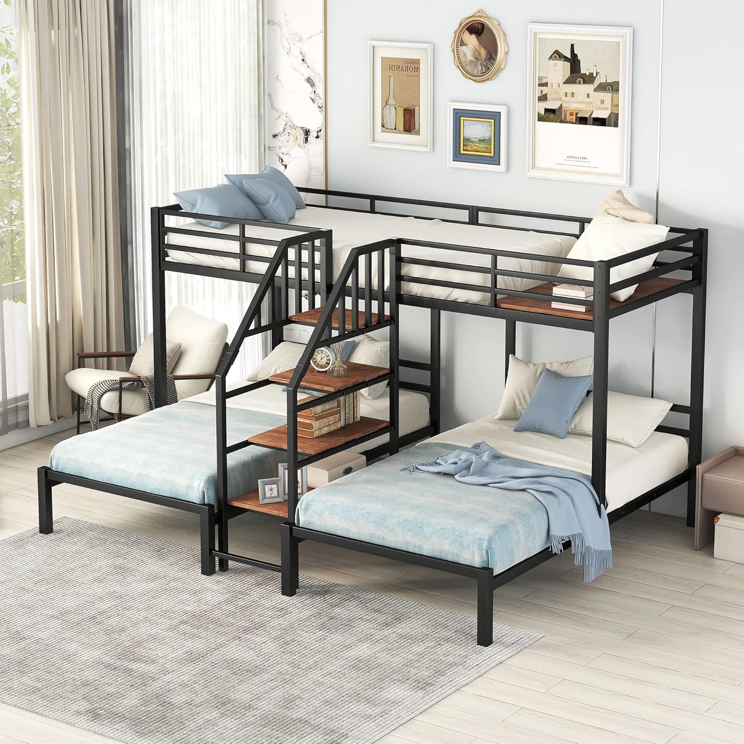 Twin Over Twin & Twin Metal Bunk Bed, Triple Bunk Bed Frame with Storage Shelves Staircase, Perfect for Kids Teens Adults, Black
