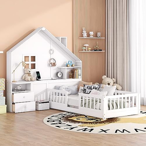 Floor Bed with Rails and House Shape Headboard, Full Size House Beds with Storage Drawers and Shelves, Kids Montessori Bed with Charging Station for Girls Boys, USB Port & Outlets, White