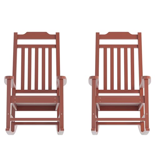 EMMA + OLIVER Set of 2 All-Weather Rocking Chairs in Black Poly Resin Faux Wood - Patio and Yard Furniture