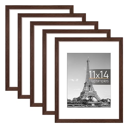 upsimples Picture Frame Set of 5, Display Pictures 8x10 with Mat or 11x14 Without Mat, Wall Gallery Photo Frames, White