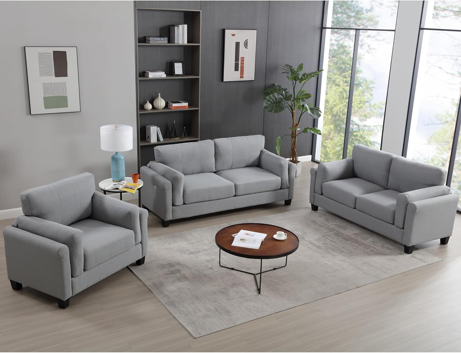 East Fan 3 Pieces Living Room Sectional Sofa Set,Living room Couch Set, Upholstery Armchair Sofa, Loveseat Sofa and 1 USB 3 Seat Couch,Gray Sofa (1-Seater+2-Seater+3-Seater)