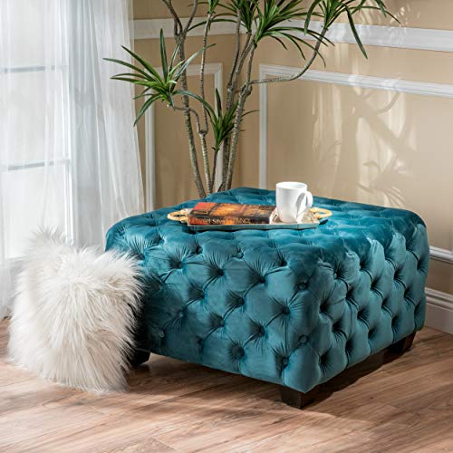 Modern Glam Button Tufted Velvet Ottoman, Dark Teal and Dark Brown