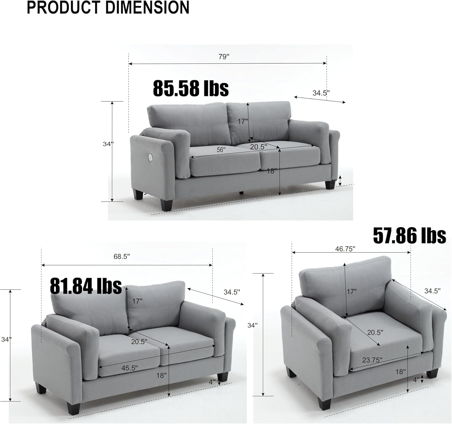 East Fan 3 Pieces Living Room Sectional Sofa Set,Living room Couch Set, Upholstery Armchair Sofa, Loveseat Sofa and 1 USB 3 Seat Couch,Gray Sofa (1-Seater+2-Seater+3-Seater)