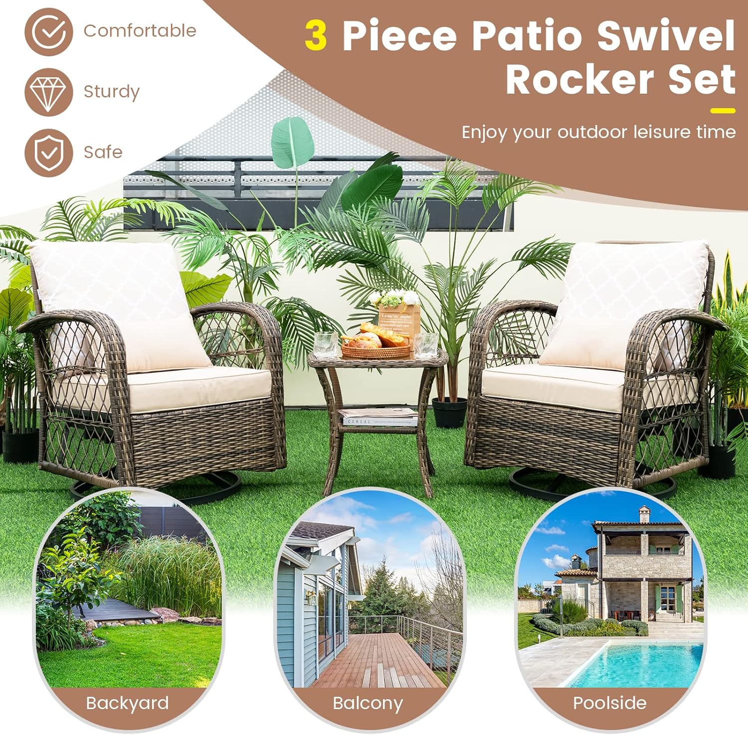 COSTWAY Patio 3PCS Wicker Swivel Rocker Set 2 Rocking Chairs 360 Degrees w/Coffee Table
