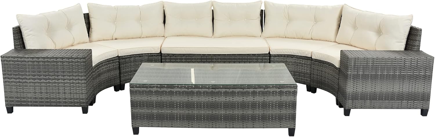 GO 8-Pieces Outdoor Wicker Round Sofa Set, Half-Moon Sectional Sets All Weather, Curved Sofa Set with Rectangular Coffee Table, PE Rattan Water-Resistant and UV Protected, Movable Cushion, Beige
