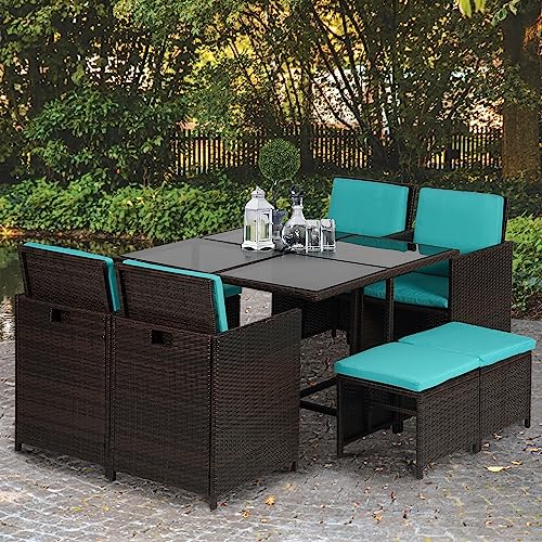 Outdoor Patio Furniture Set 9 Pieces Patio Dining Sets Space Saving Wicker Furniture with 4 Rattan Chairs 4 Ottomans and Glass Table for Outdoor Backyard Porch Poolside Balcony,Khaki Cushion (Blue)