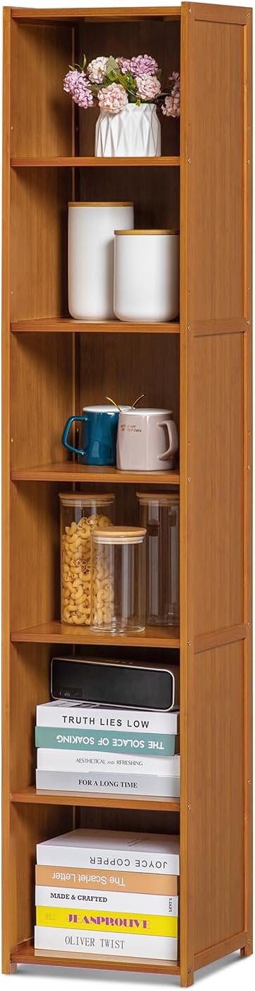Magshion 6-Tier Narrow Bookcase Brown Media Tower Rack, 12.2